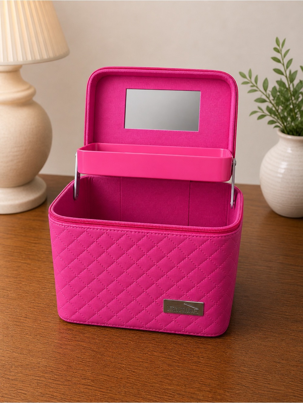 Quilted Pink Makeup Organizer Case with Mirror